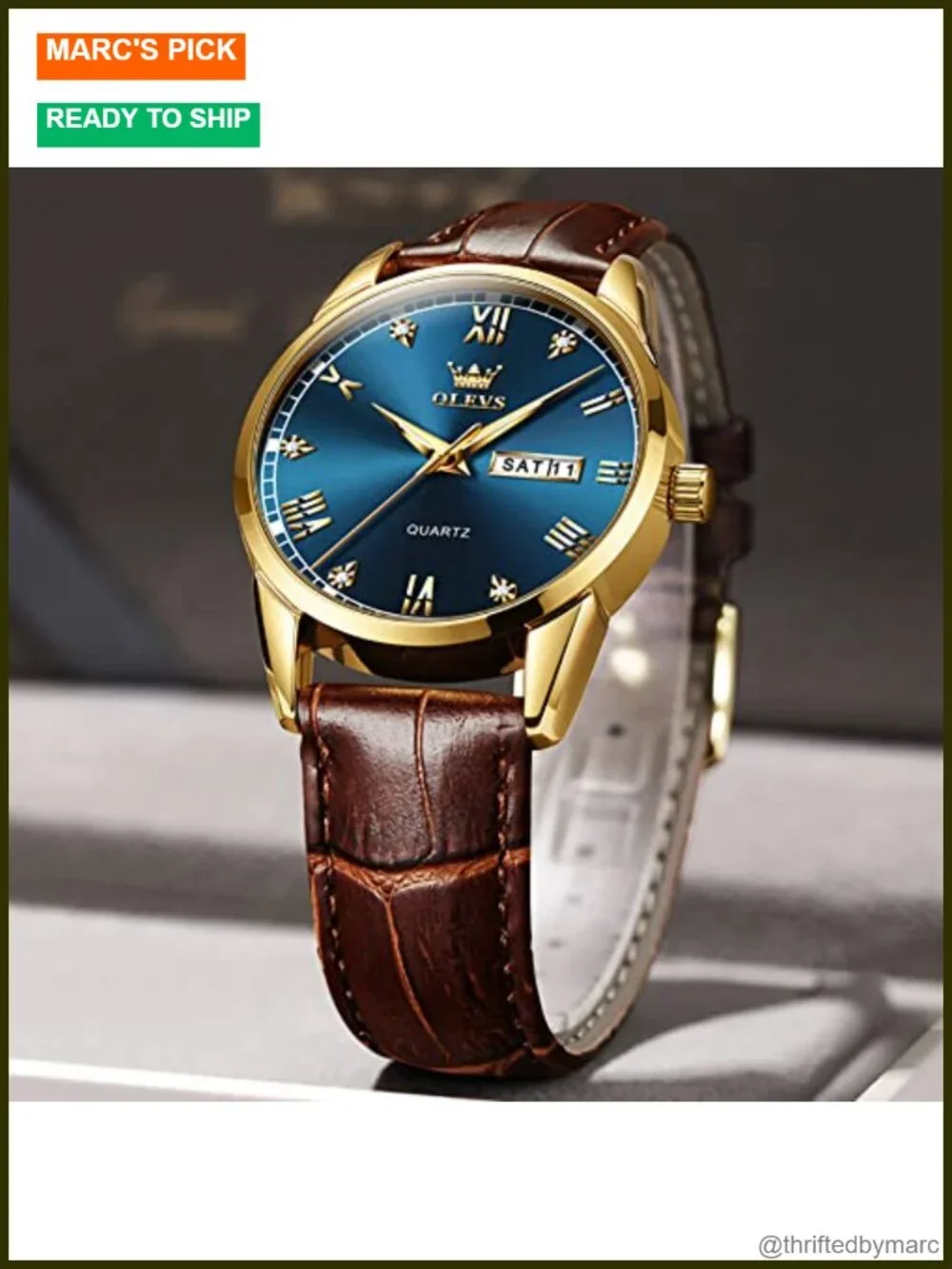 Mens Leather Watch Quartz Brown Band Dress Watch Gold Case Day Date Business